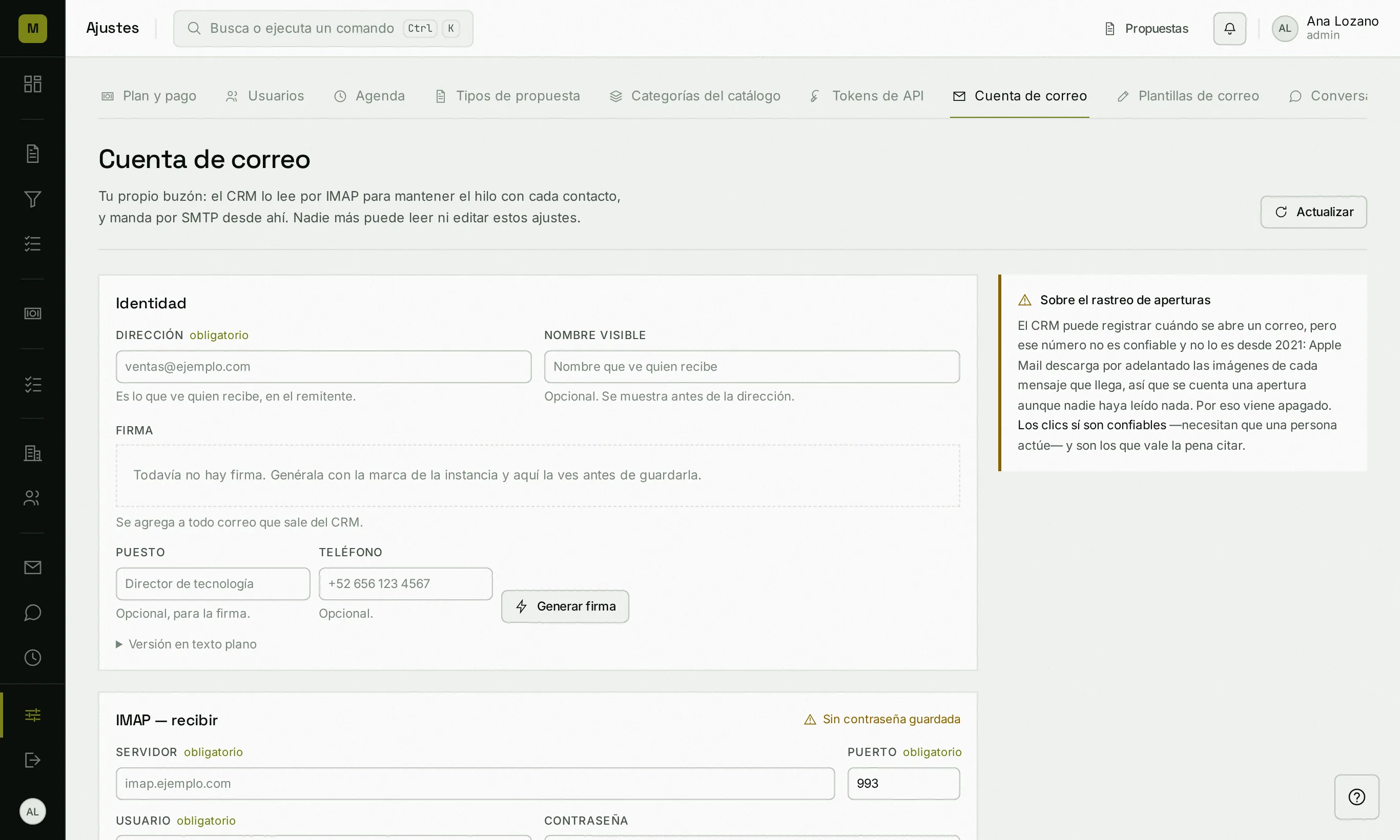La cuenta de correo de cada persona: identidad, IMAP, SMTP y la firma.