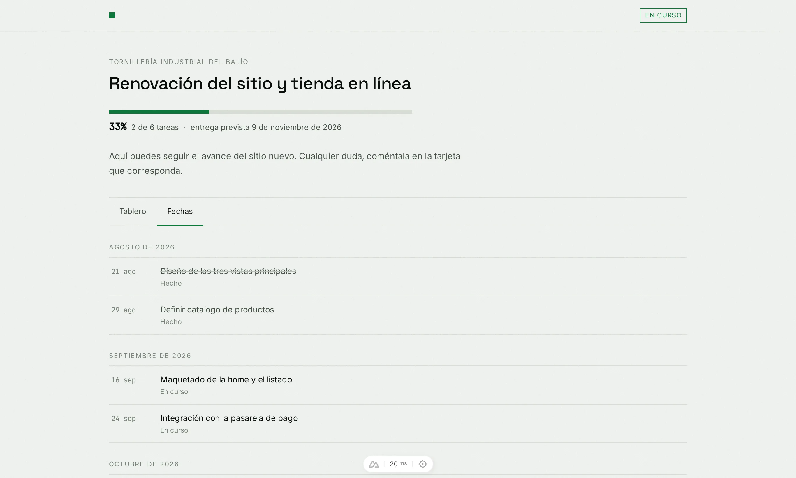 La vista de fechas del portal, agrupada por mes.