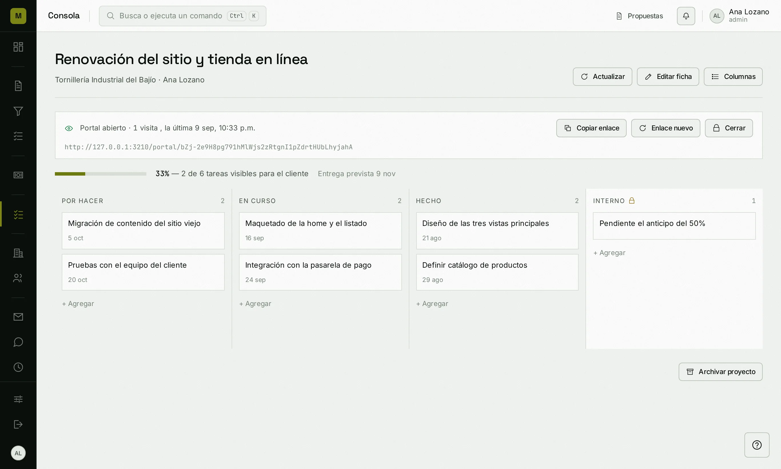 El tablero de un proyecto, con su portal abierto y la columna Interno con candado.